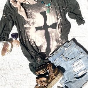 Acid wash 3/4 sleeve cross tee one of a kind
